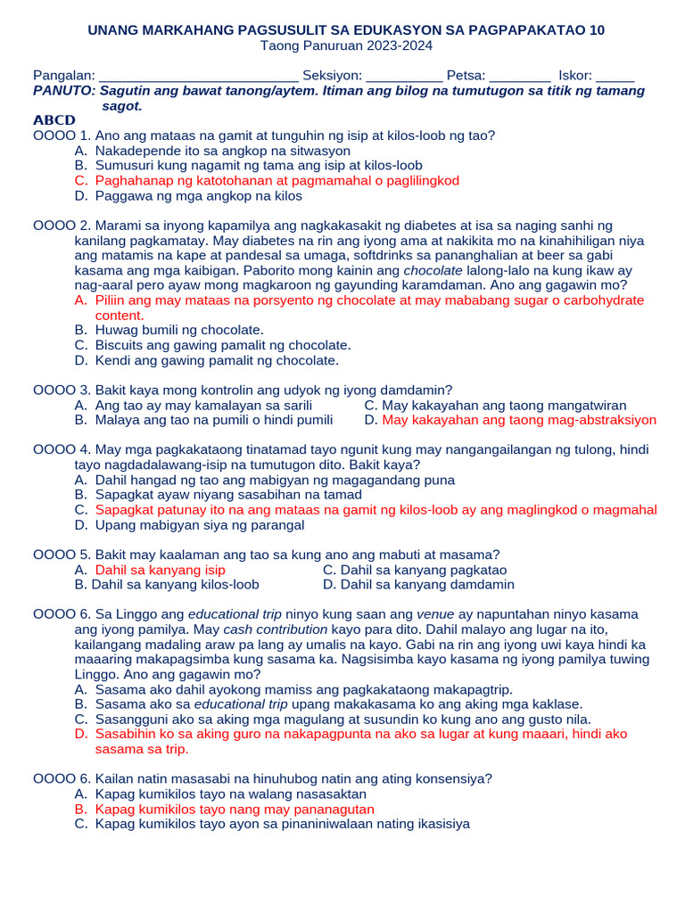 Key 1st Summative Test in Esp 10 2023-2024 | PDF