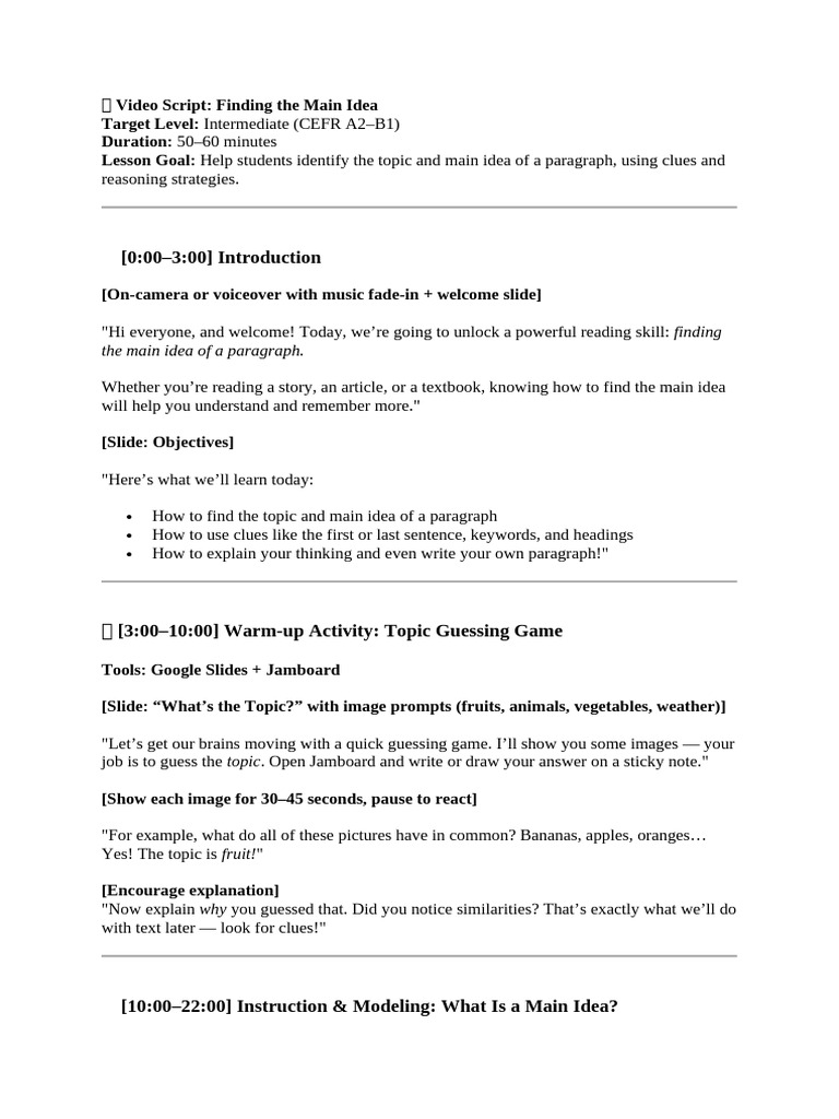 Finding the Main Idea Target Level: | PDF | Learning