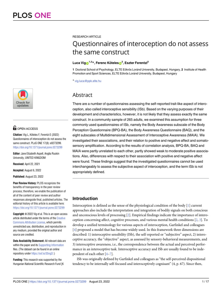 Vig 2022 Questionnaires of Interoception Do Not Assess The Same ...