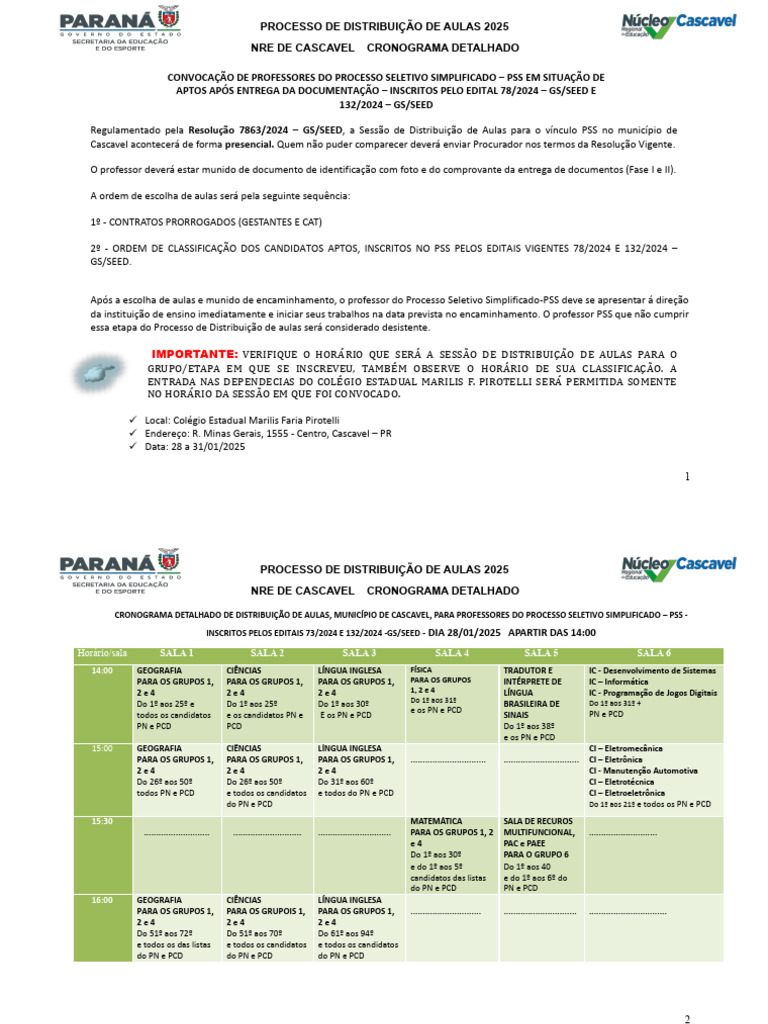 Distribuição de Aulas PSS 2025 - Cascavel | PDF