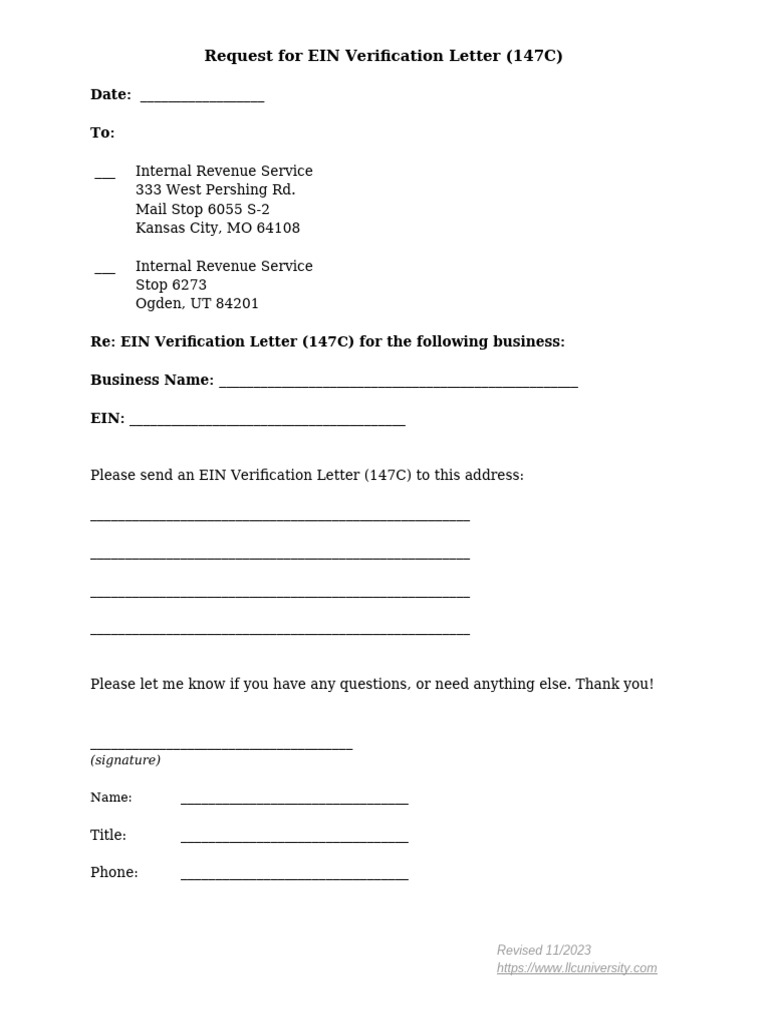 Request for EIN Verification Letter 147C | PDF