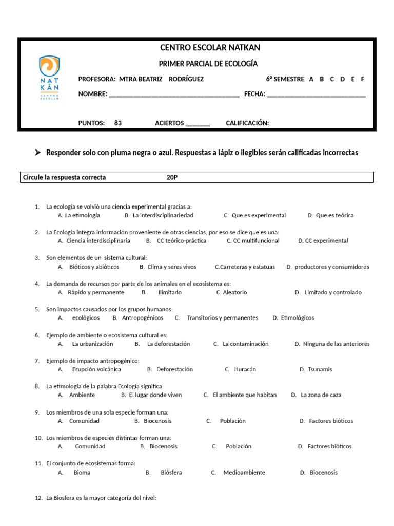 1 Parcial de Ecologia | PDF | Ecología | Entorno natural