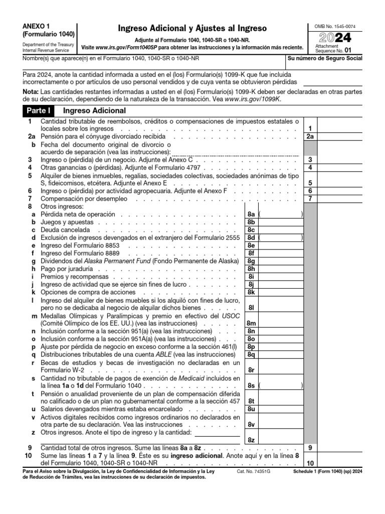 Ingreso Adicional y Ajustes 2024 Form 1040 | PDF | Economias