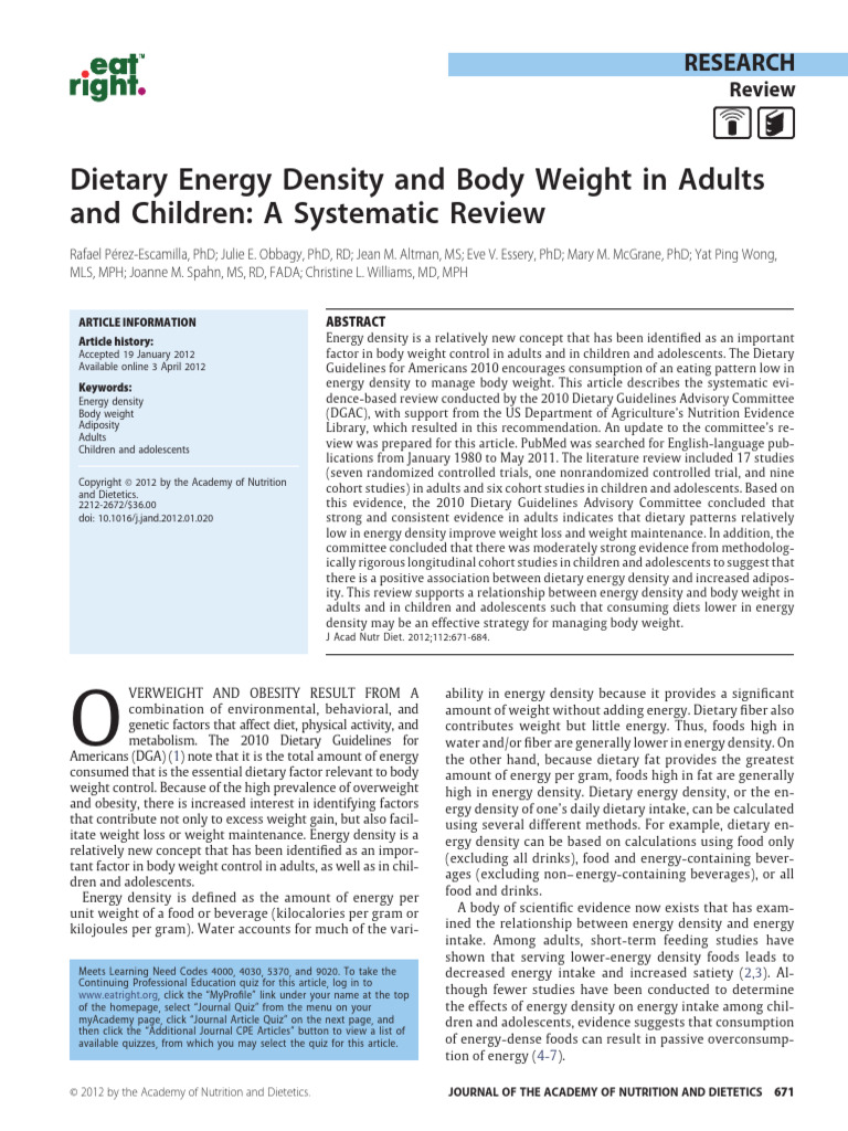Dietary Energy Density and Body Weight in Adults and Children - A ...