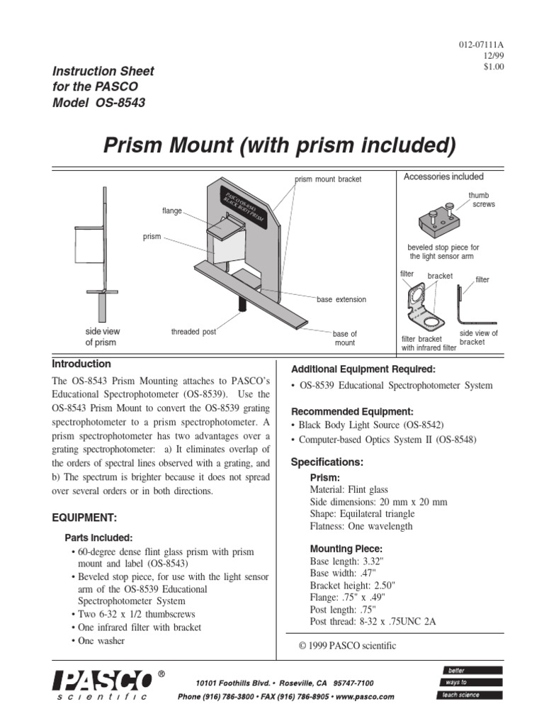 PASCO OS-8543 Prism Mount Guide | PDF | Optical Filter | Spectrophotometry