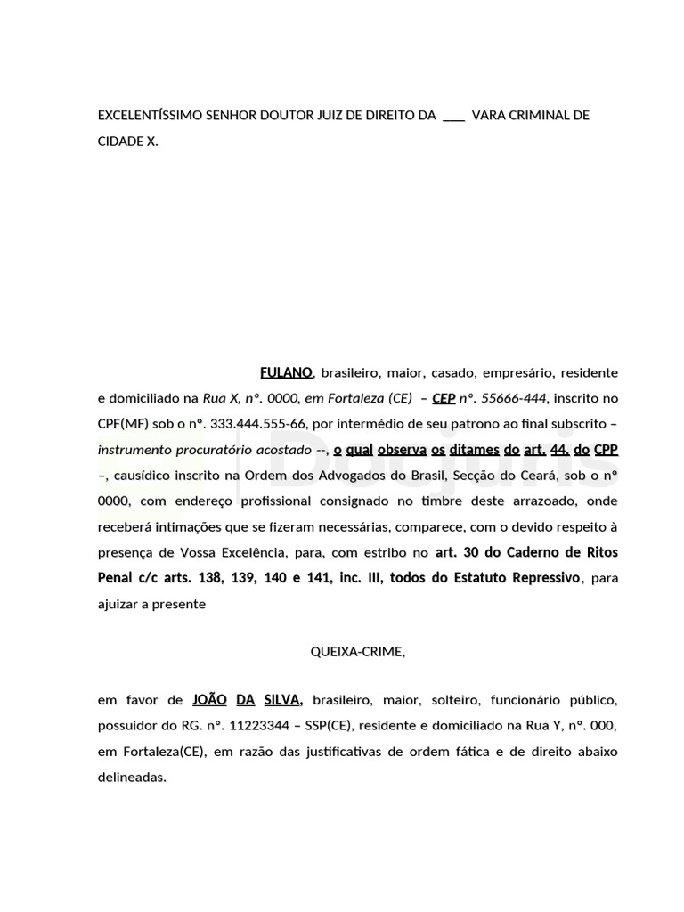 MODELO PENAL Queixa Crime Difamacao Calunia Injuria | PDF | Difamação ...