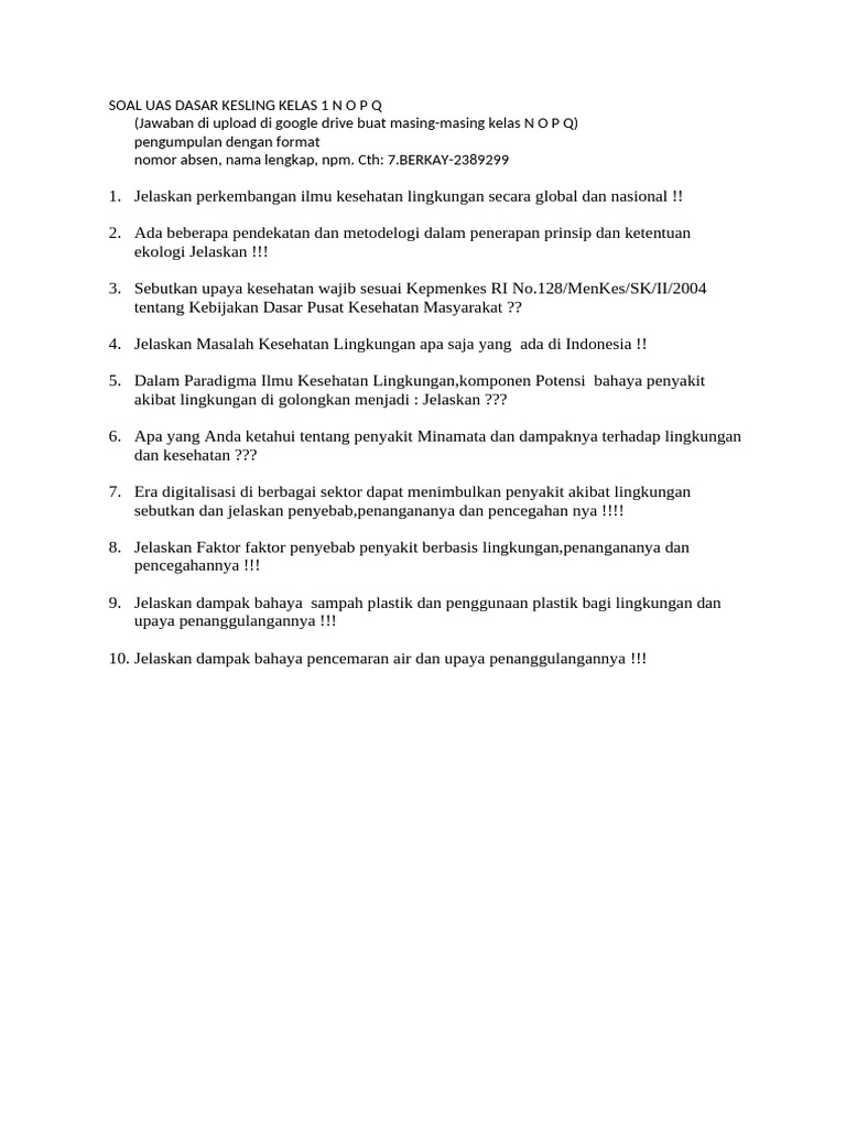 Soal UAS Kesling Kelas 1: Isu dan Solusi | PDF