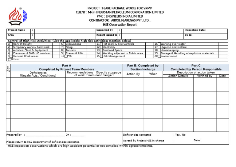 HSE Observation Report for VRMP Project | PDF | Occupational Safety And ...