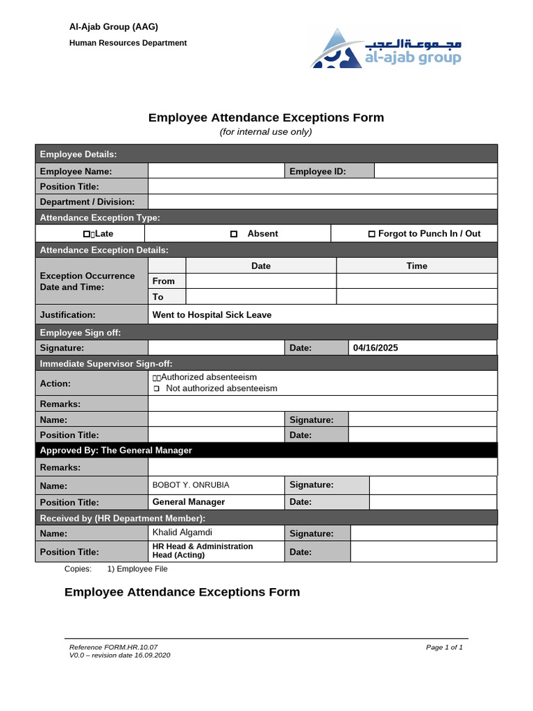 Employee Attendance Exceptions Form - (2) | PDF