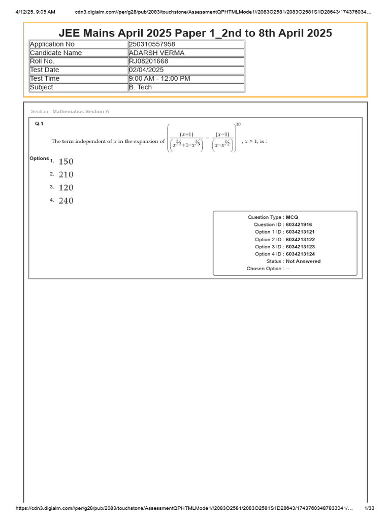 JEE Mains April 2025 Mathematics Exam | PDF | Multiple Choice ...