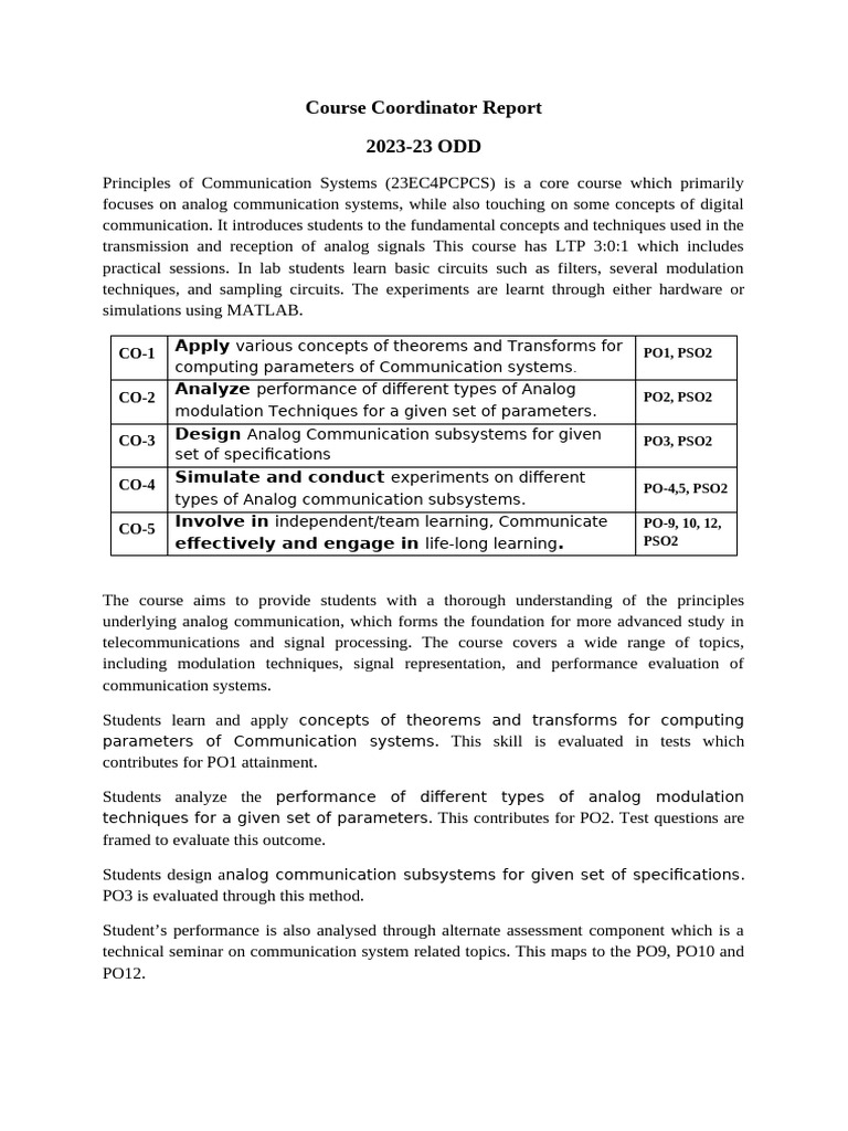 Course Coordinator Report PCS 2023-24 | PDF | Communication ...
