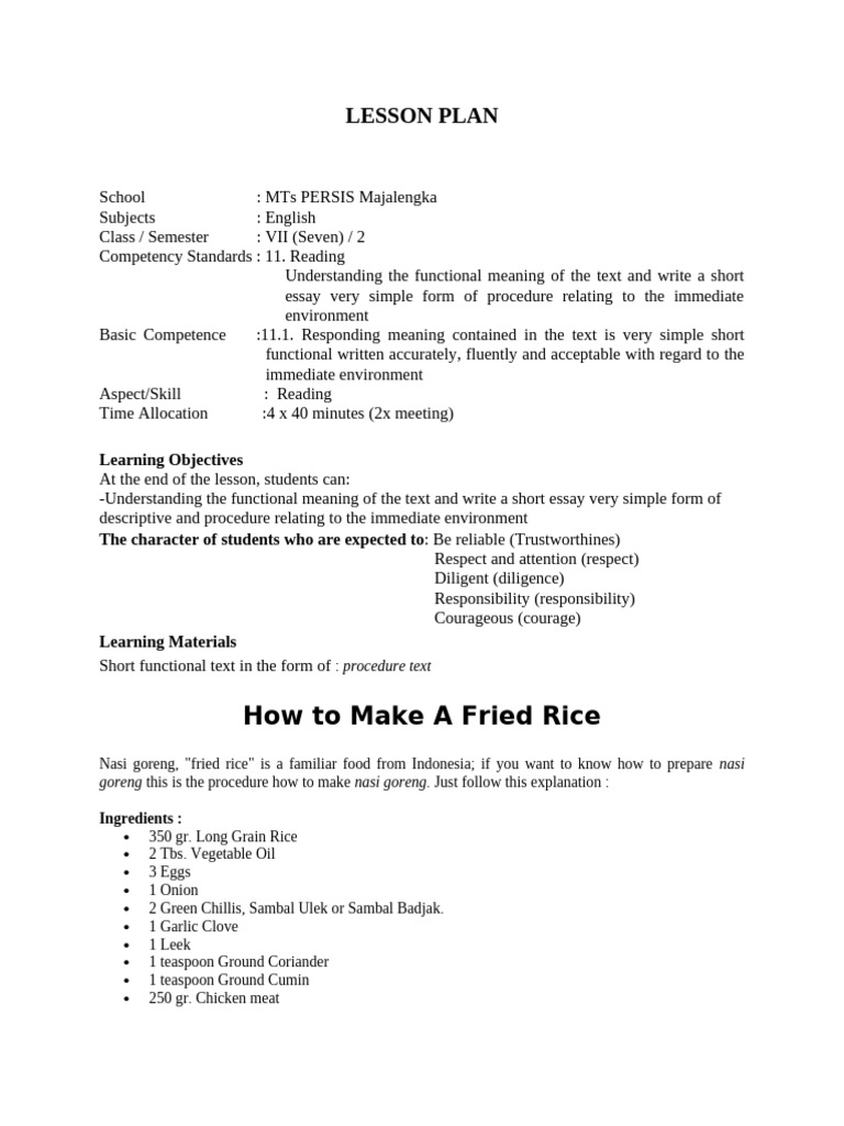 English Lesson Plan: Fried Rice Procedure | PDF | Learning