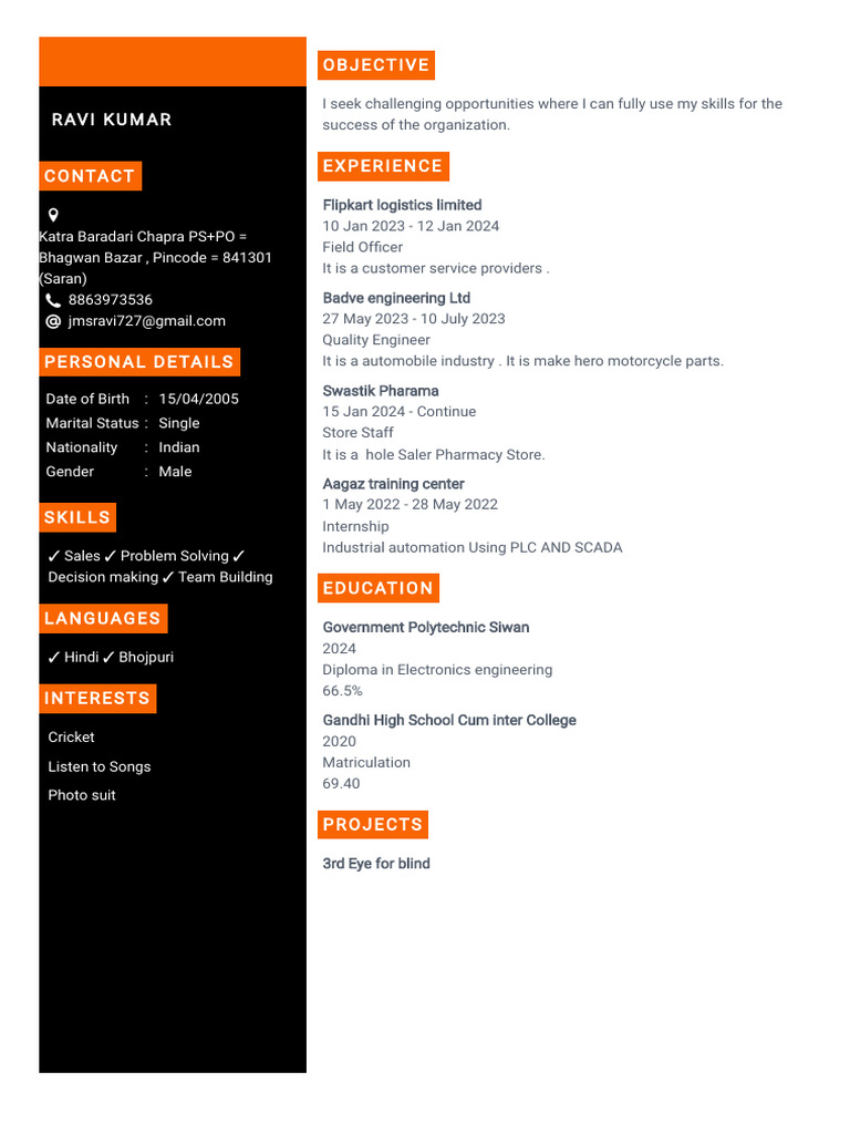 Resume of Ravi Kumar - Electronics Engineer | PDF