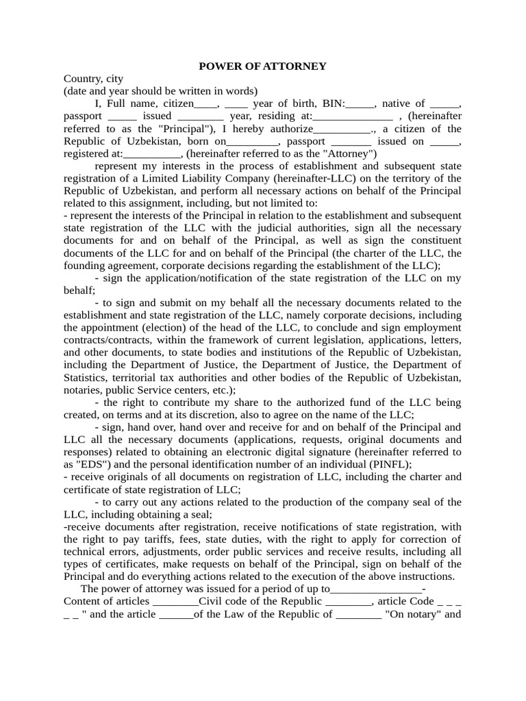 Power of Attorney for LLC Registration | PDF | Power Of Attorney ...