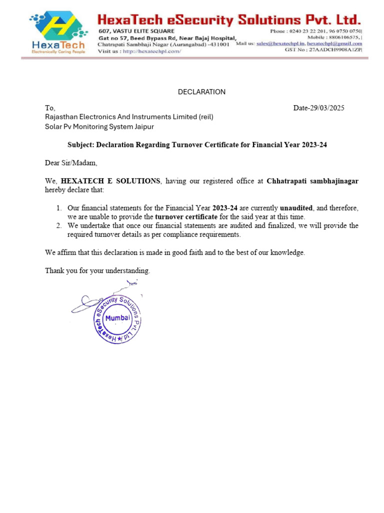 Turnover Declaration for Hexatech E Security | PDF | Closed Circuit ...
