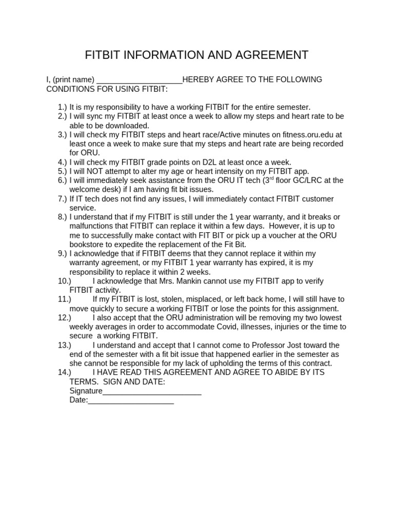 Fitbit Contract With Students 20241 | PDF