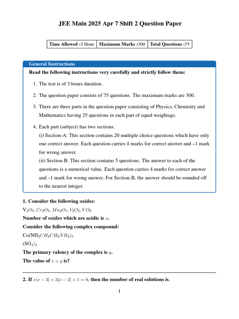 JEE Main 2025 Apr 7 Shift 2 Paper | PDF | Bias Of An Estimator | Force