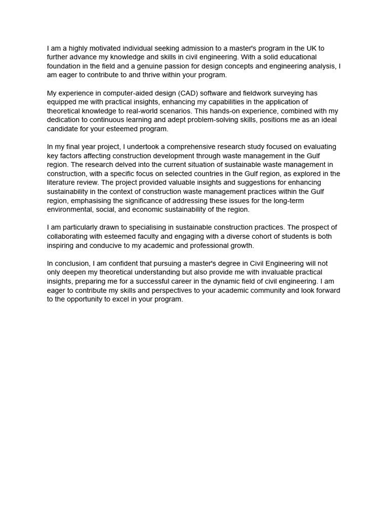 Master's Personal Statement in Civil Engineering | PDF