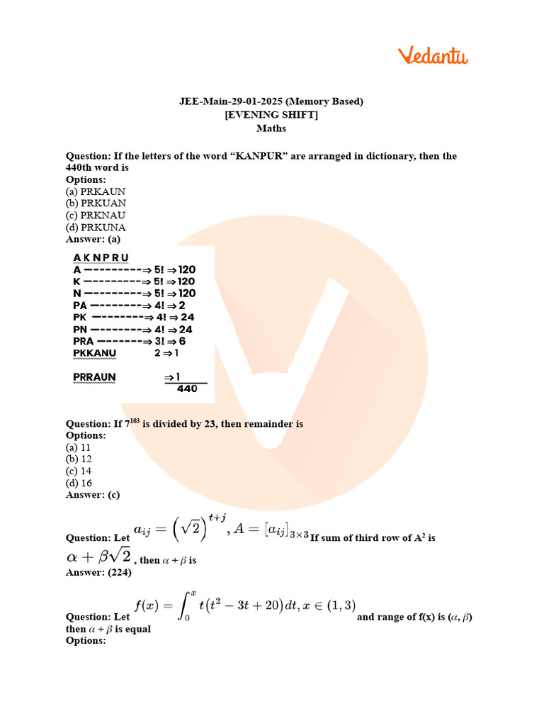 JEE Main 2025 Evening Shift Maths Solutions | PDF | Number Theory ...