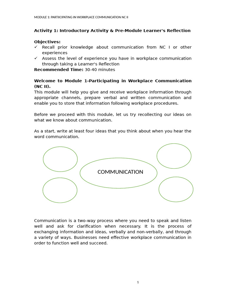 Introductory Activity in Workplace Communication | PDF