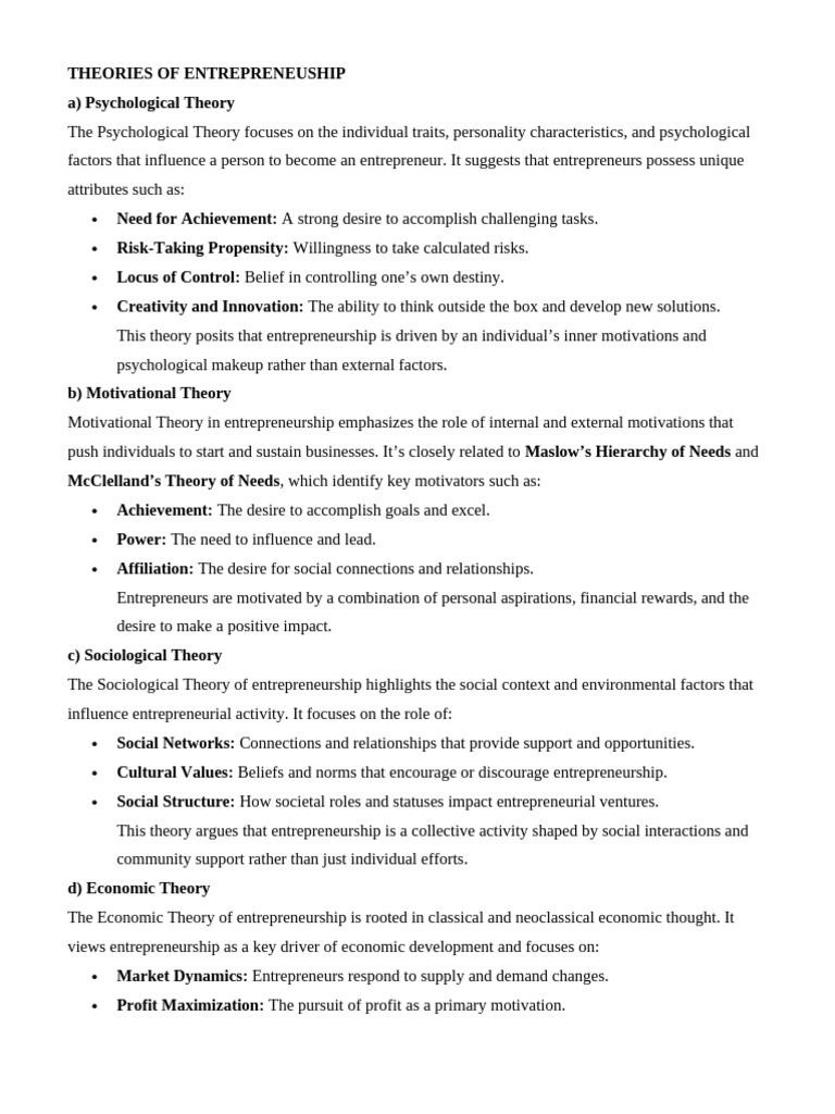 Key Theories of Entrepreneurship Explained | PDF | Entrepreneurship ...