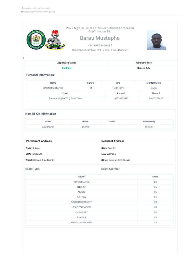 Nigeria Police Recruitment Confirmation Slip | PDF