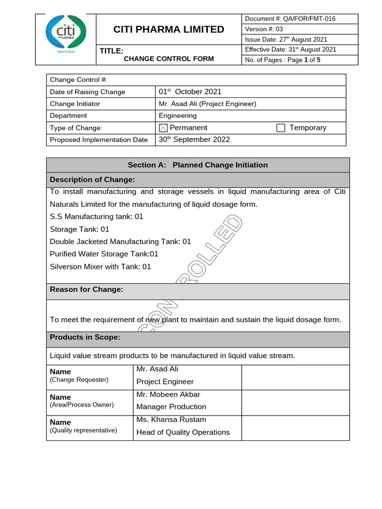 Change Control (Controlled Format) (3) No 3 | PDF