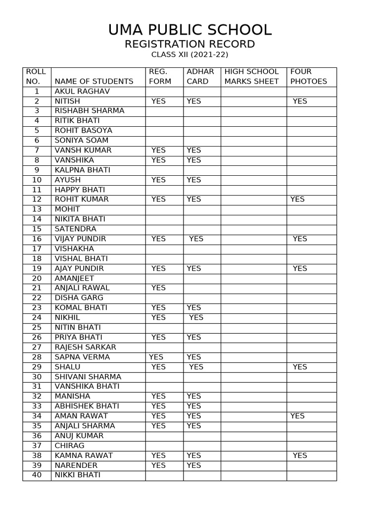 Class XII Registration Records 2021-22 | PDF