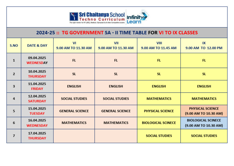 TG Government SA-II Time Table 2024-25 | PDF