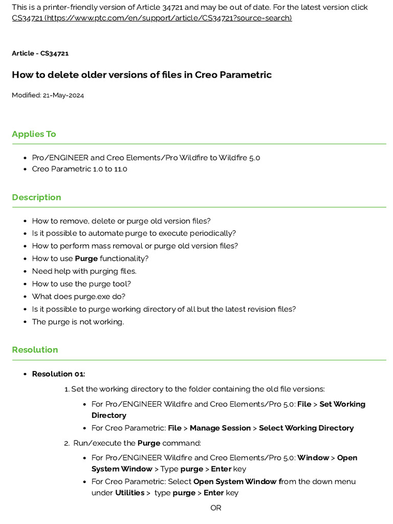 Article - CS34721 - How To Delete Older Versions of Files in Creo ...