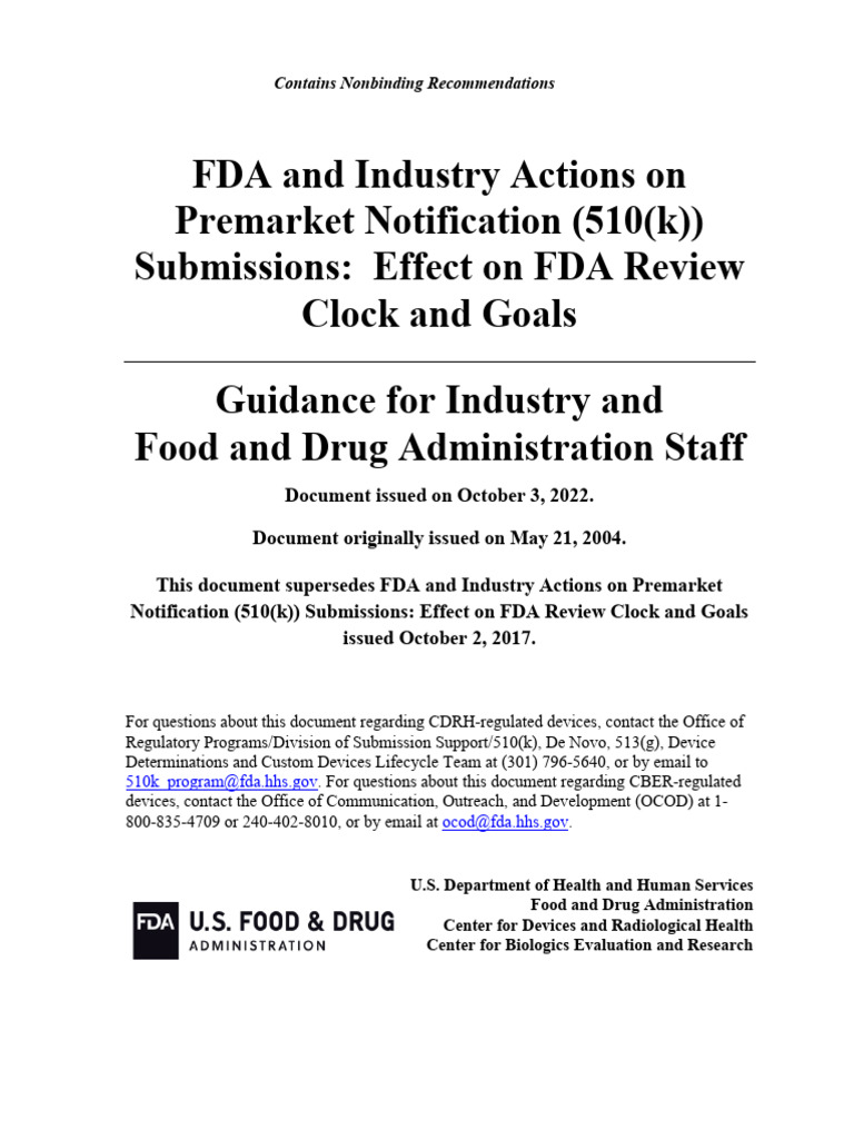 FDA Guidance on 510(k) Submissions | PDF | Food And Drug Administration