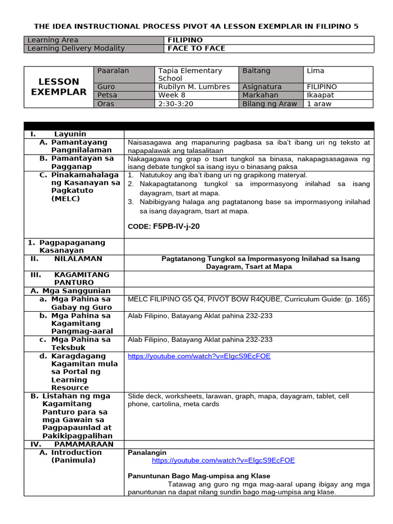 The Idea Instructional Process Pivot 4a Lesson Exemplar in Filipino 5 | PDF