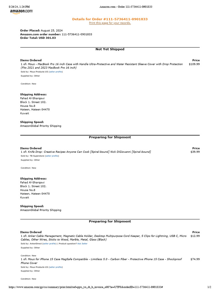 Order 111-5736411-0901833 | PDF | Payments | Invoice