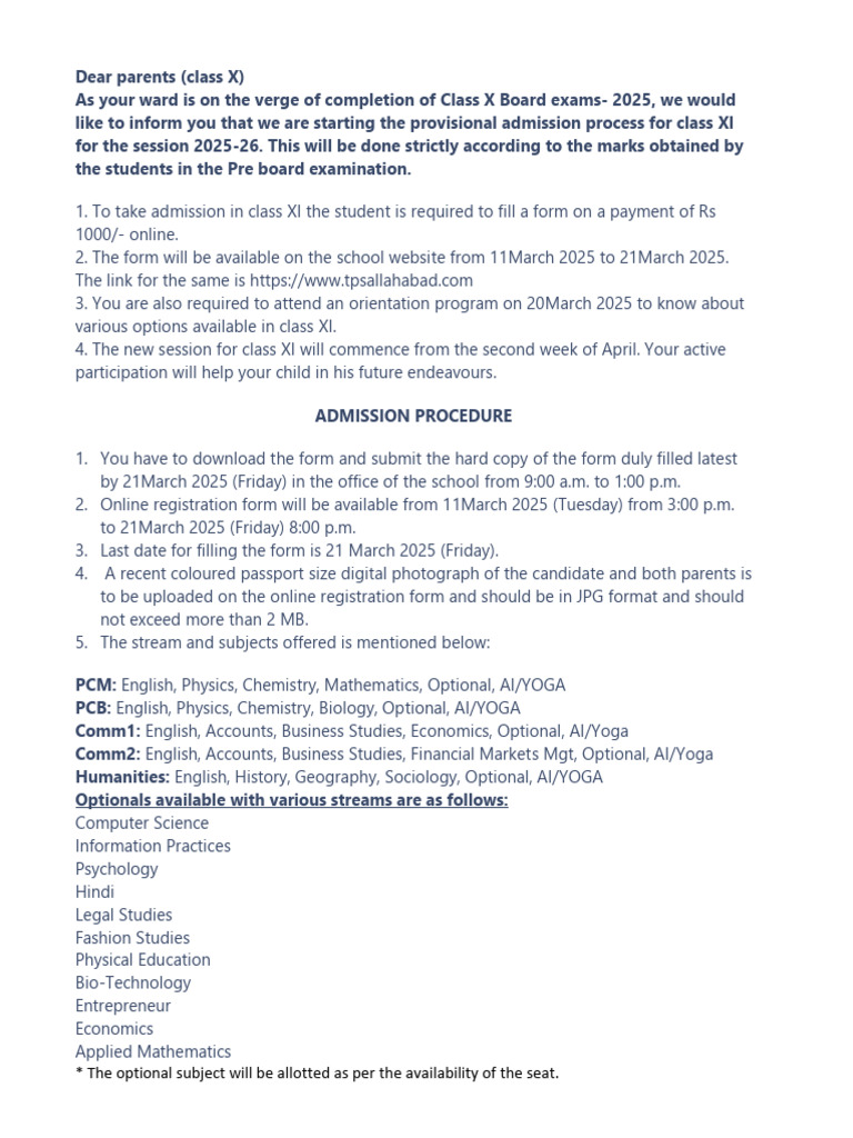 Class XI Admission Notice 2025-26 | PDF