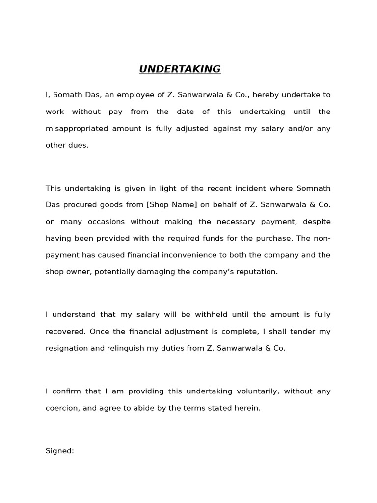 Employee Undertaking at Z. Sanwarwala & Co. | PDF