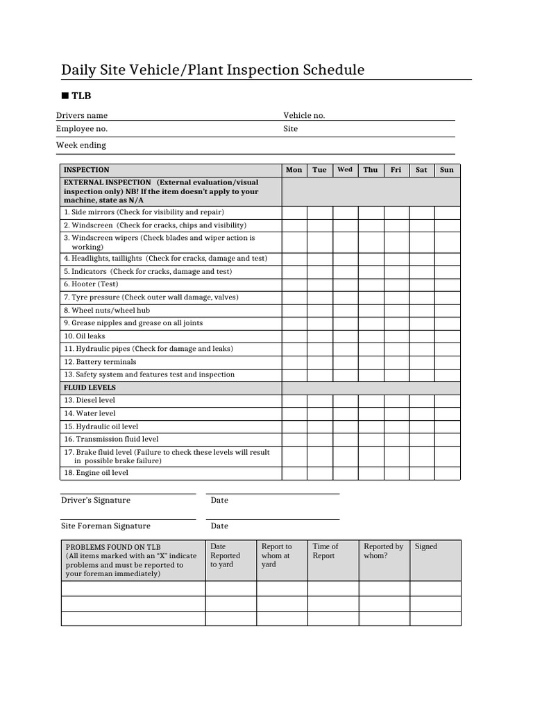 TLB Daily Vehicle Inspection Checklist | PDF