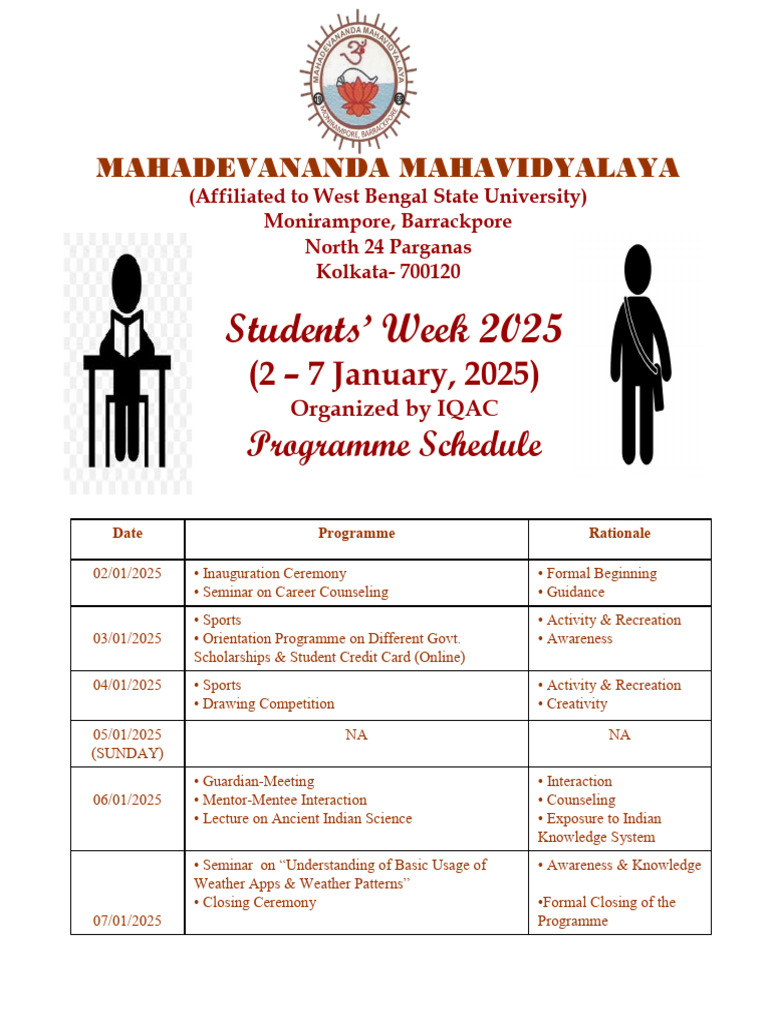 Students' Week 2025 Schedule at Mahadevananda | PDF