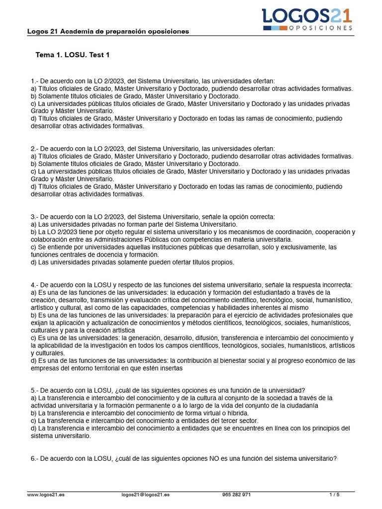 Test de la LOSU: Cuestionario y Resumen | PDF | Universidad | Maestros
