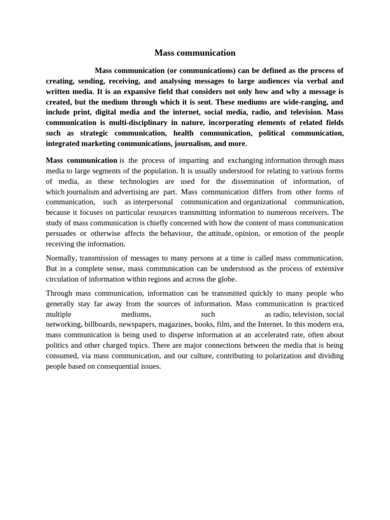 UNIT 2-Mass Communication | PDF | Mass Media | Communication