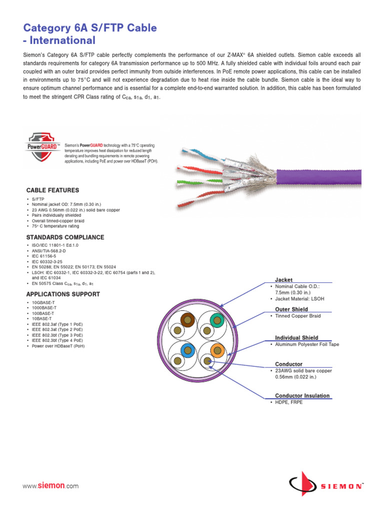 Siemon Category 6a S FTP Cable International - Spec Sheet | PDF ...