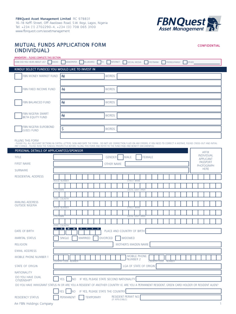 FBN Nigeria Mutual Funds Application Form | PDF | Banks | Indemnity