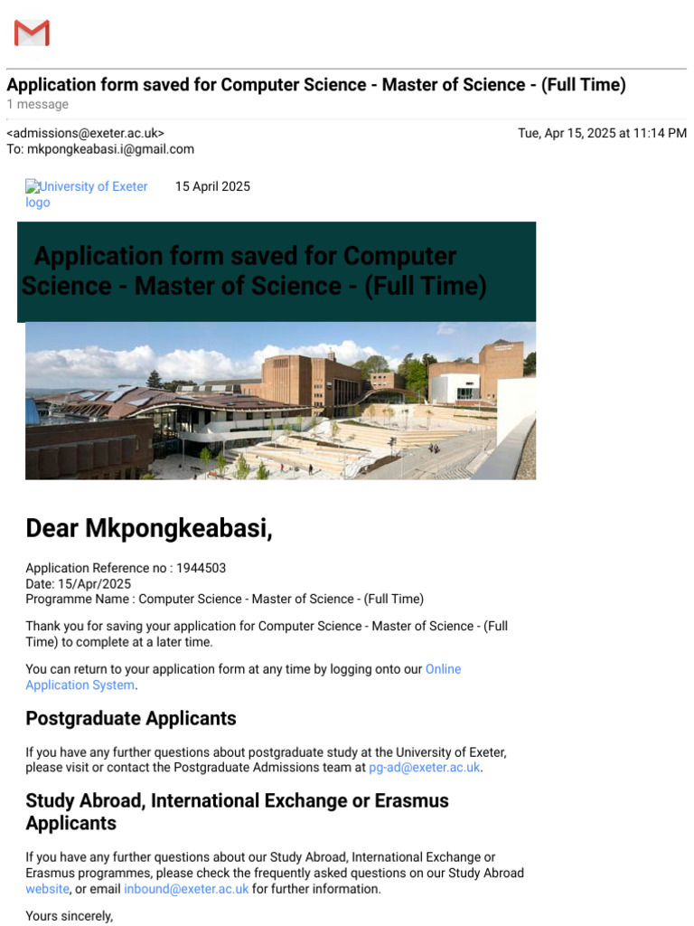 Exeter MSc Computer Science Application Saved | PDF