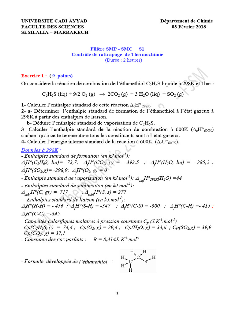 Contrôle de Thermochimie S1 | PDF | Équilibre chimique | Propriétés ...