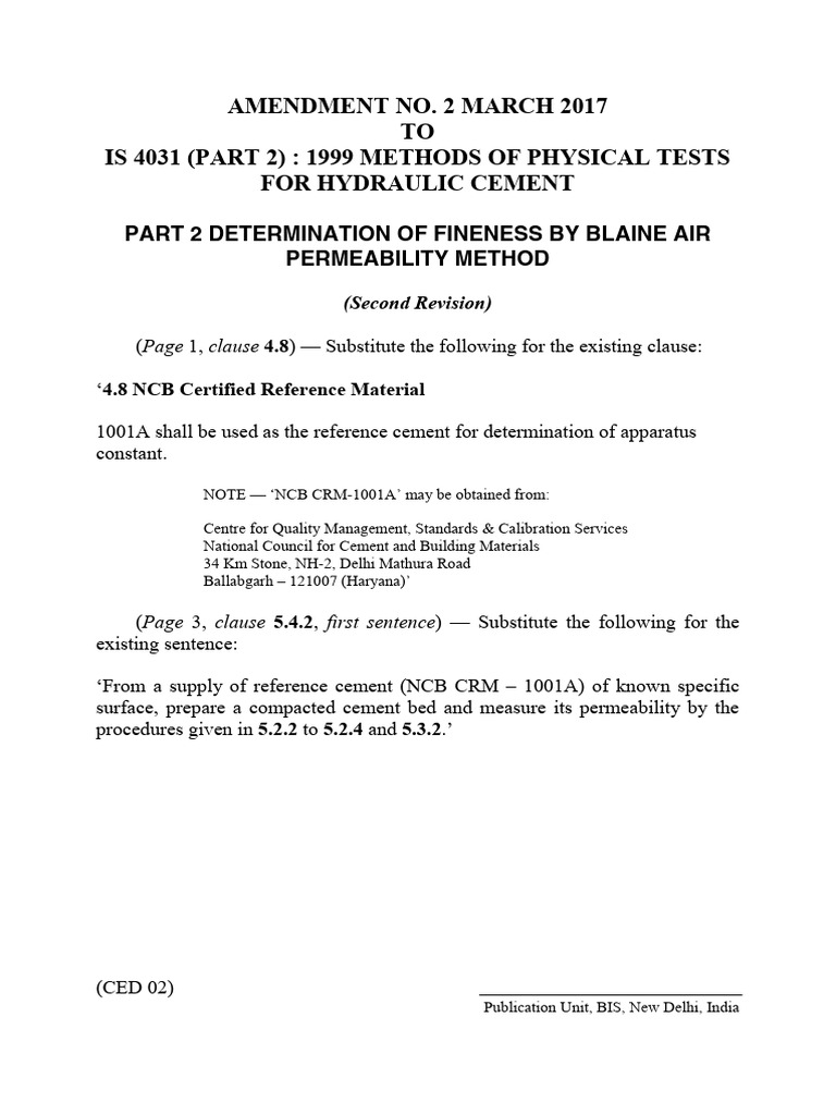 Amendment to IS 4031 Part 2: 2017 | PDF
