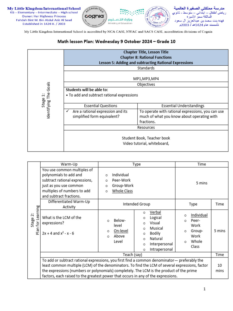 Grade 10 Rational Expressions Lesson Plan | PDF | Elementary ...