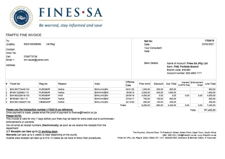 Traffic Fine Invoice Details South Africa | PDF | Receipt | Payments