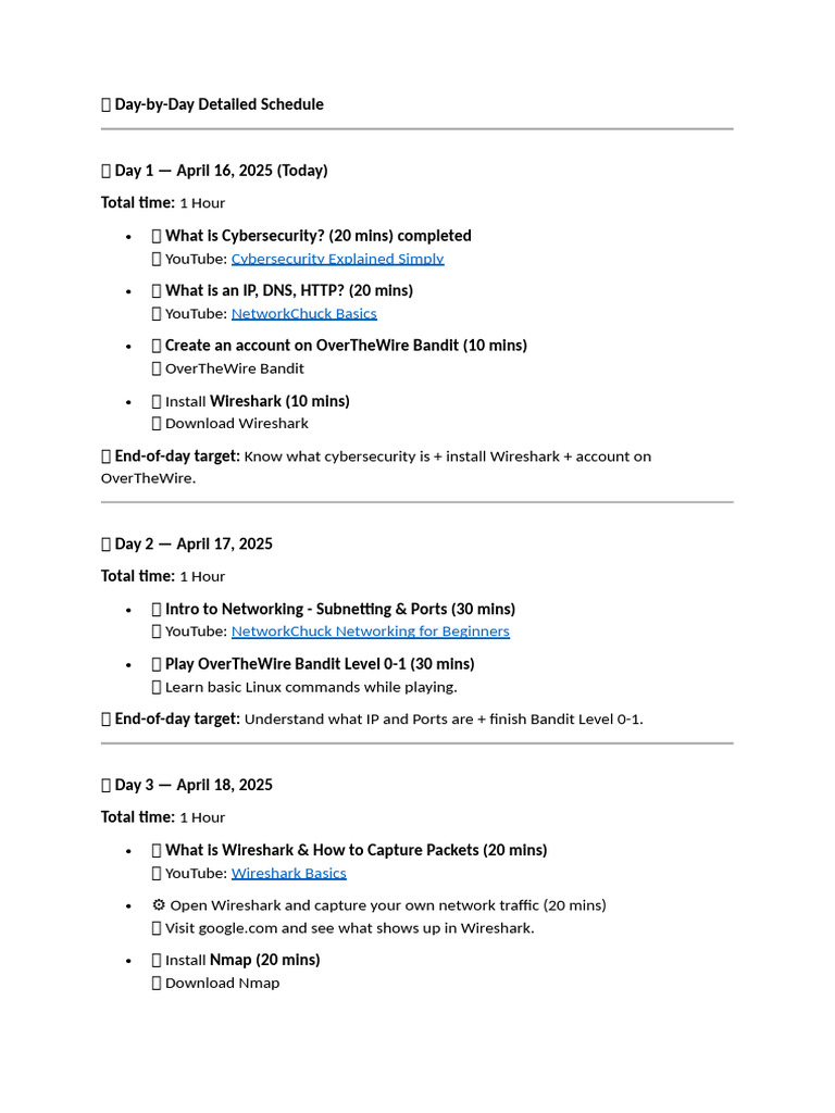 Cybersecurity Roadmap: Week 1 Schedule | PDF | Information Age | Data ...