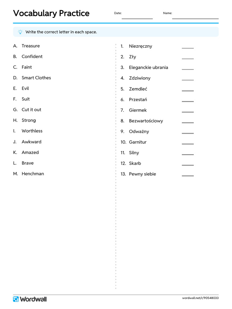 Vocabulary Practice Match Up Write The Answer | PDF
