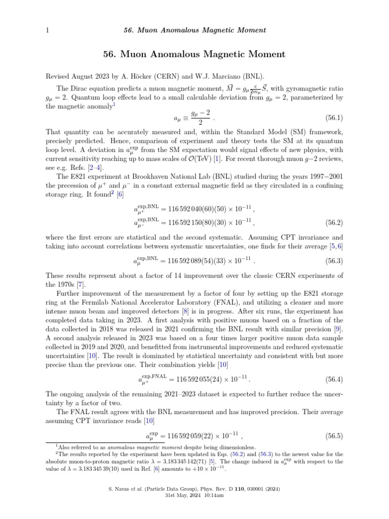 Muon Anomalous Magnetic Moment Analysis | PDF | Particle Physics ...
