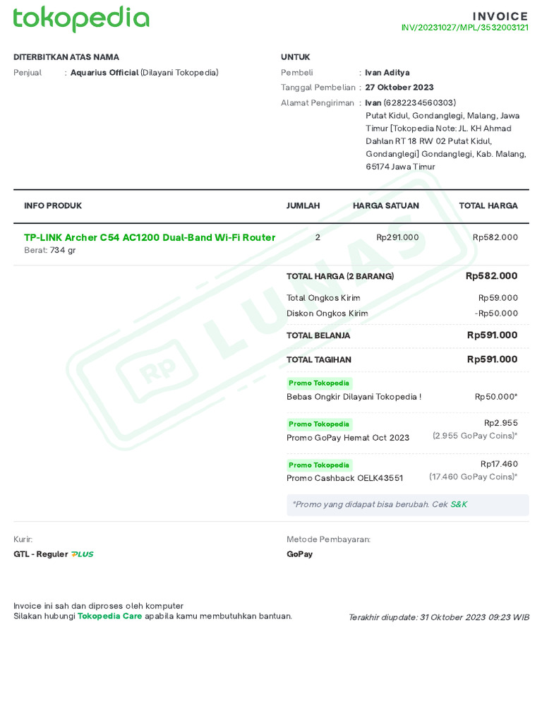 Invoice Pembelian TP-LINK di Tokopedia | PDF